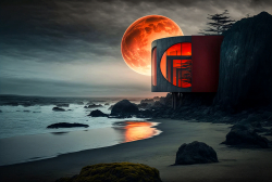 beachfront-minimal-glass-house-pacific-northwest-moody-parchment-sky-rocky-oceanfront-steven-holl-red-square-huge-moon-dramatic-lighting-2
