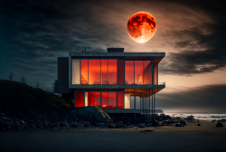 beachfront-minimal-glass-house-pacific-northwest-moody-parchment-sky-rocky-oceanfront-steven-holl-red-square-huge-moon-dramatic-lighting-6