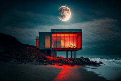 beachfront-minimal-glass-house-pacific-northwest-moody-parchment-sky-rocky-oceanfront-steven-holl-red-square-huge-moon-dramatic-lighting-8
