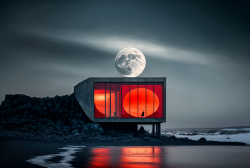 beachfront-minimal-glass-house-pacific-northwest-moody-parchment-sky-rocky-oceanfront-steven-holl-red-square-huge-moon-dramatic-lighting-4