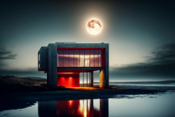 beachfront-minimal-glass-house-pacific-northwest-moody-parchment-sky-rocky-oceanfront-steven-holl-red-square-huge-moon-dramatic-lighting-9