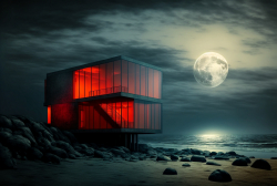 beachfront-minimal-glass-house-pacific-northwest-moody-parchment-sky-rocky-oceanfront-steven-holl-red-square-huge-moon-dramatic-lighting-10
