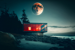 beachfront-minimal-glass-house-pacific-northwest-moody-parchment-sky-rocky-oceanfront-steven-holl-red-square-huge-moon-dramatic-lighting-12