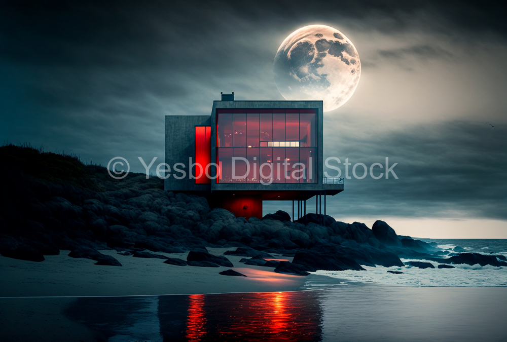 beachfront-minimal-glass-house-pacific-northwest-moody-parchment-sky-rocky-oceanfront-steven-holl-red-square-huge-moon-dramatic-lighting