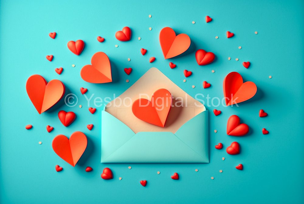 valentine-day-greeting-concept-envelope-and-red-hearts-on-blue-background-top-view