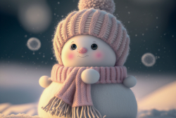fluffy-cute-baby-snowman-woolen-scarf-big-knitted-hat-small-eyessitting-in-the-snow