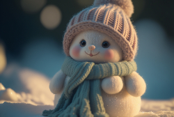 fluffy-cute-baby-snowman-woolen-scarf-big-knitted-hat-small-eyessitting-in-the-snow-2