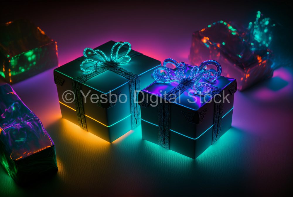 gift-boxes-on-the-table-in-neon-lighting-sale-concept