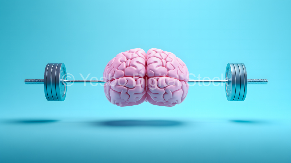 Human brain with dumbbells on blue background.