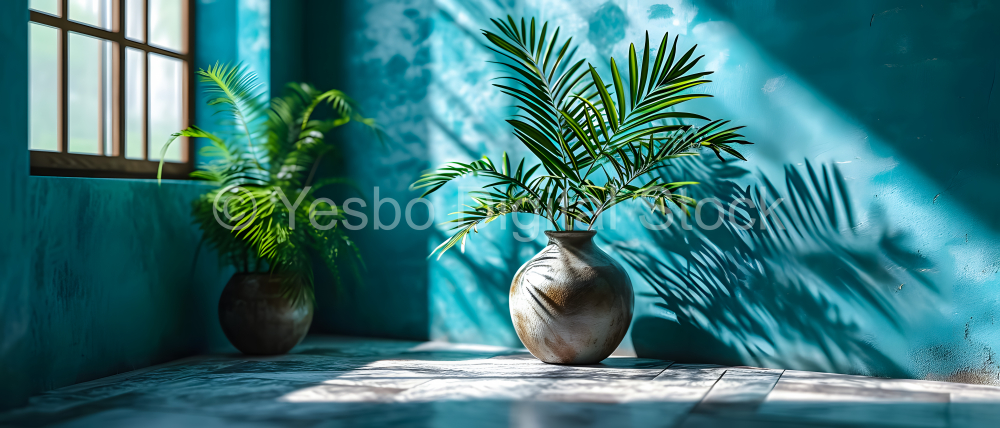 Room with plants in a vase. Modern living room with a blue wall and plants