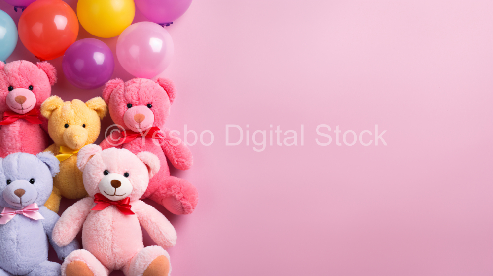Cute teddy bears on pink background, top view. Space for text