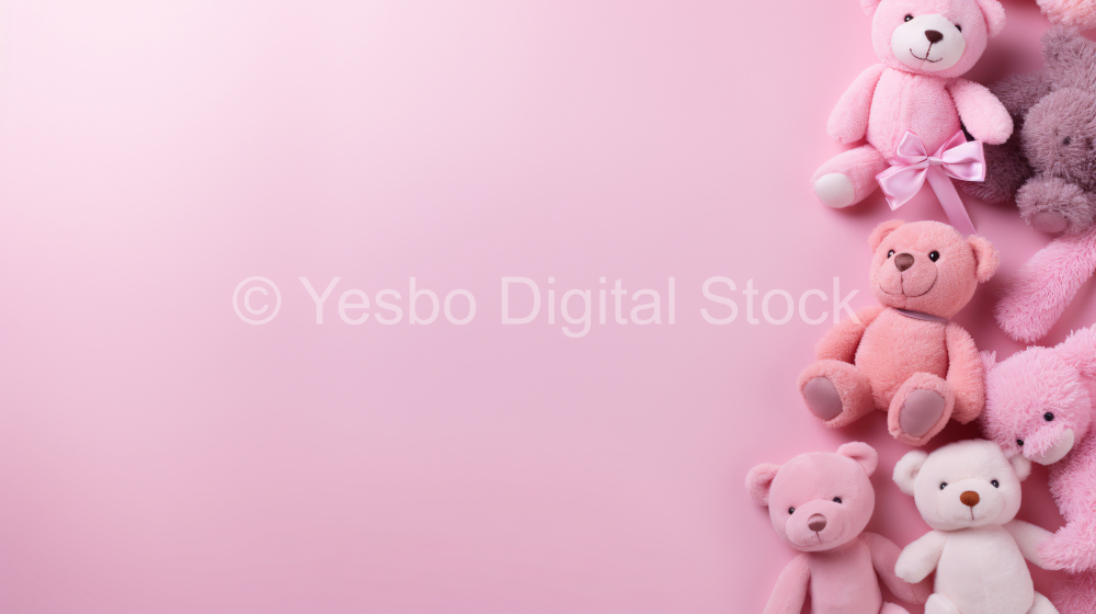 Pile of cute teddy bears on pastel pink background.