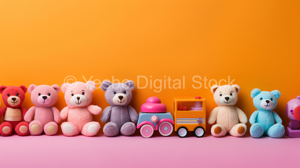 Cute teddy bear toys on orange background. Copy space.