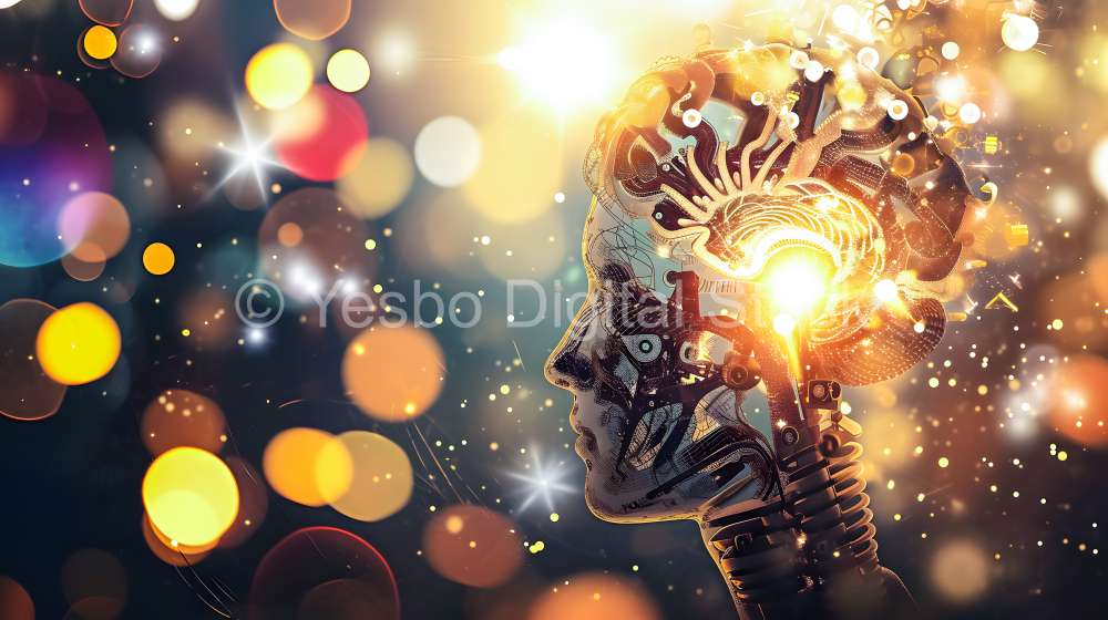 Human brain with glowing light bulb. 3D rendering. Toned image