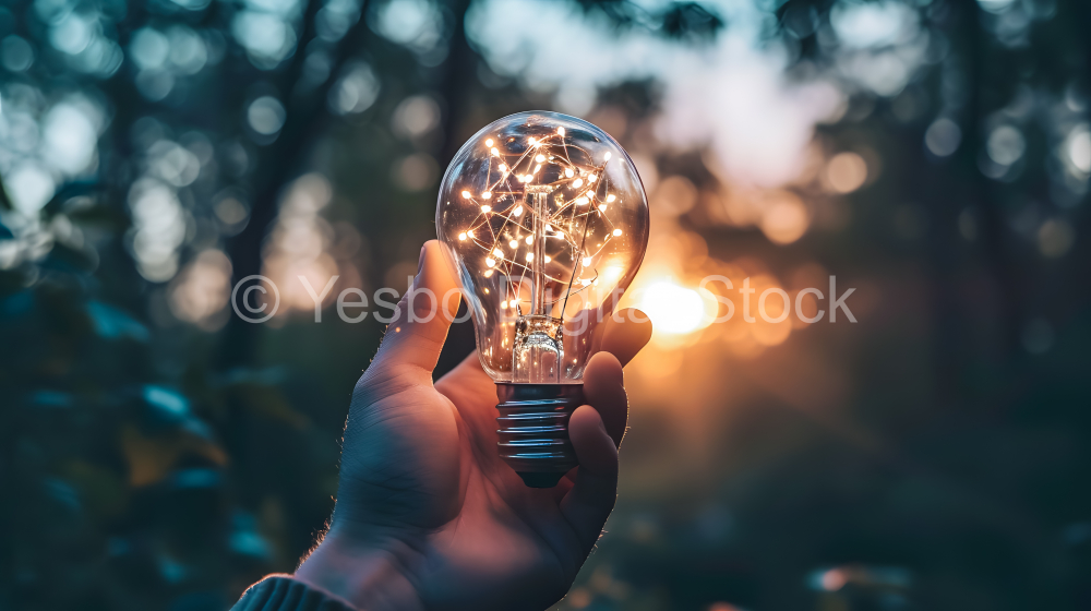 Hand holding a lightbulb in the forest. Business idea concept.