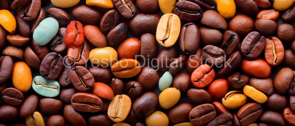 Fresh roasted coffee beans closeup pattern isolated on clear background. Food pattern. Love coffee concept. Top view, flat lay with copy space