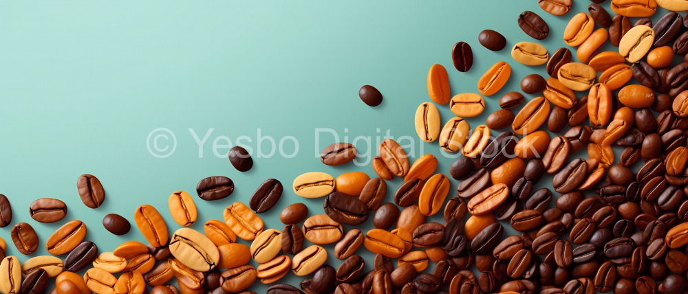 Fresh roasted coffee beans closeup pattern isolated on clear background. Food pattern. Love coffee concept. Top view, flat lay with copy space